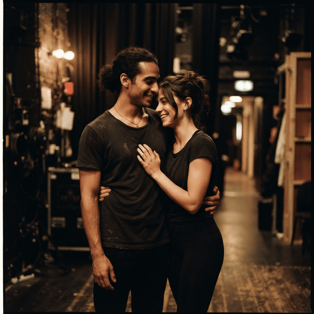 A couple dancing close in a studio